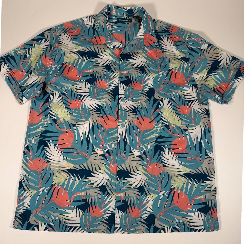Cubavera Mens XL Flamingo Palm Print Button Down Shirt Tropical Blue Boho Y2K